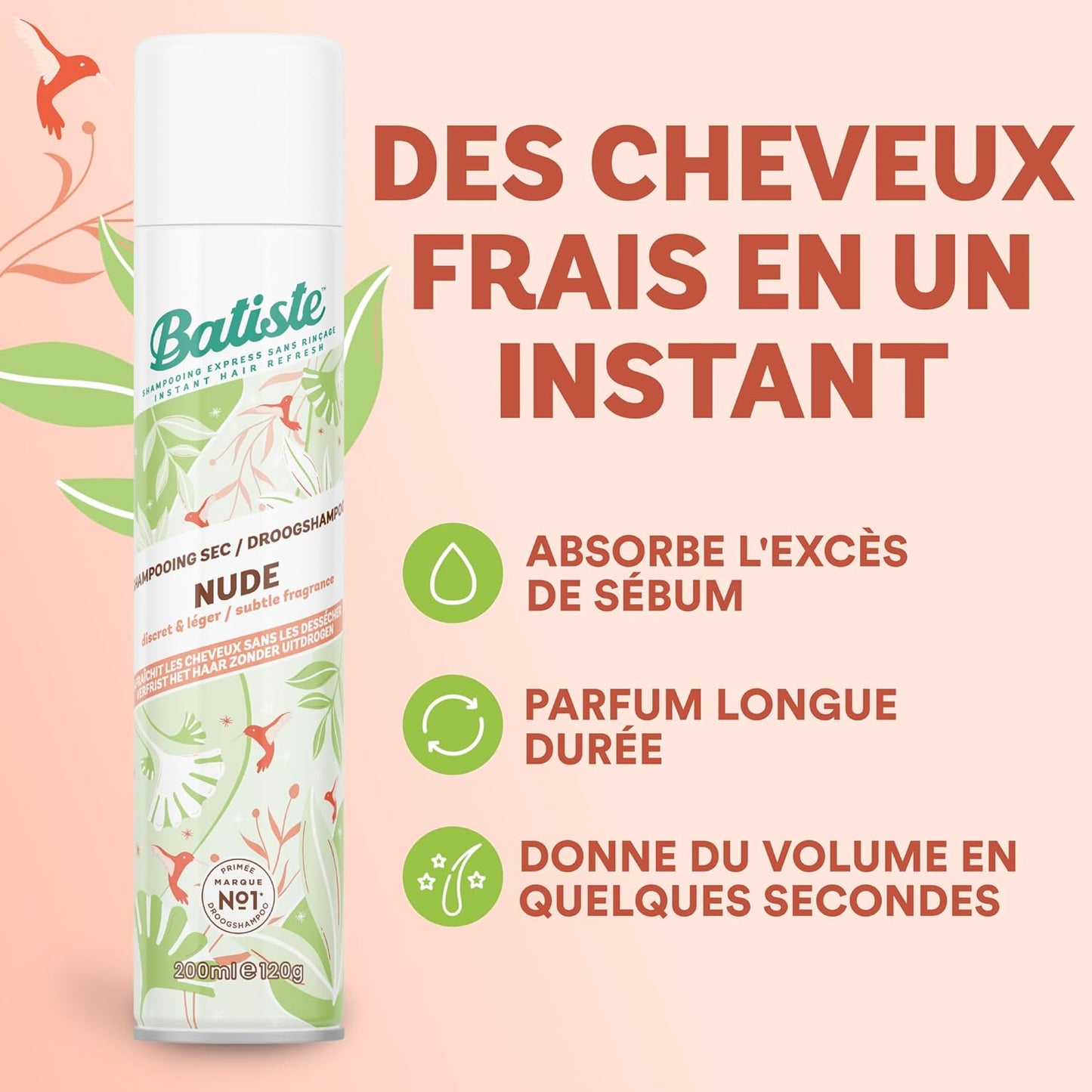 Batiste Dry Shampoo, Bare (Barely Scented), 200 ml (120g)
