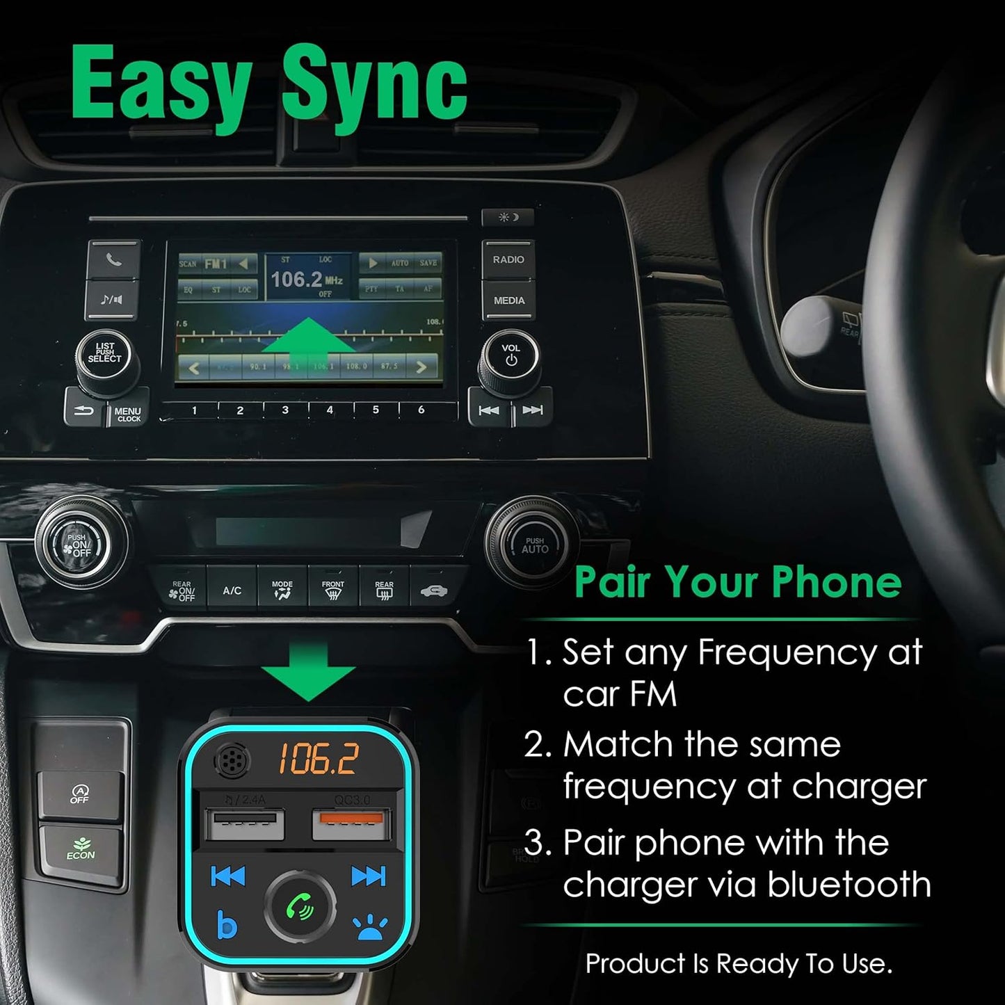 AGARO QC 3.0 + 2.4A, Bluetooth 5.0, FM Transmitter in-Car Radio, Hands-Free Calling, Music Streaming with Micro SD + Dual USB Ports