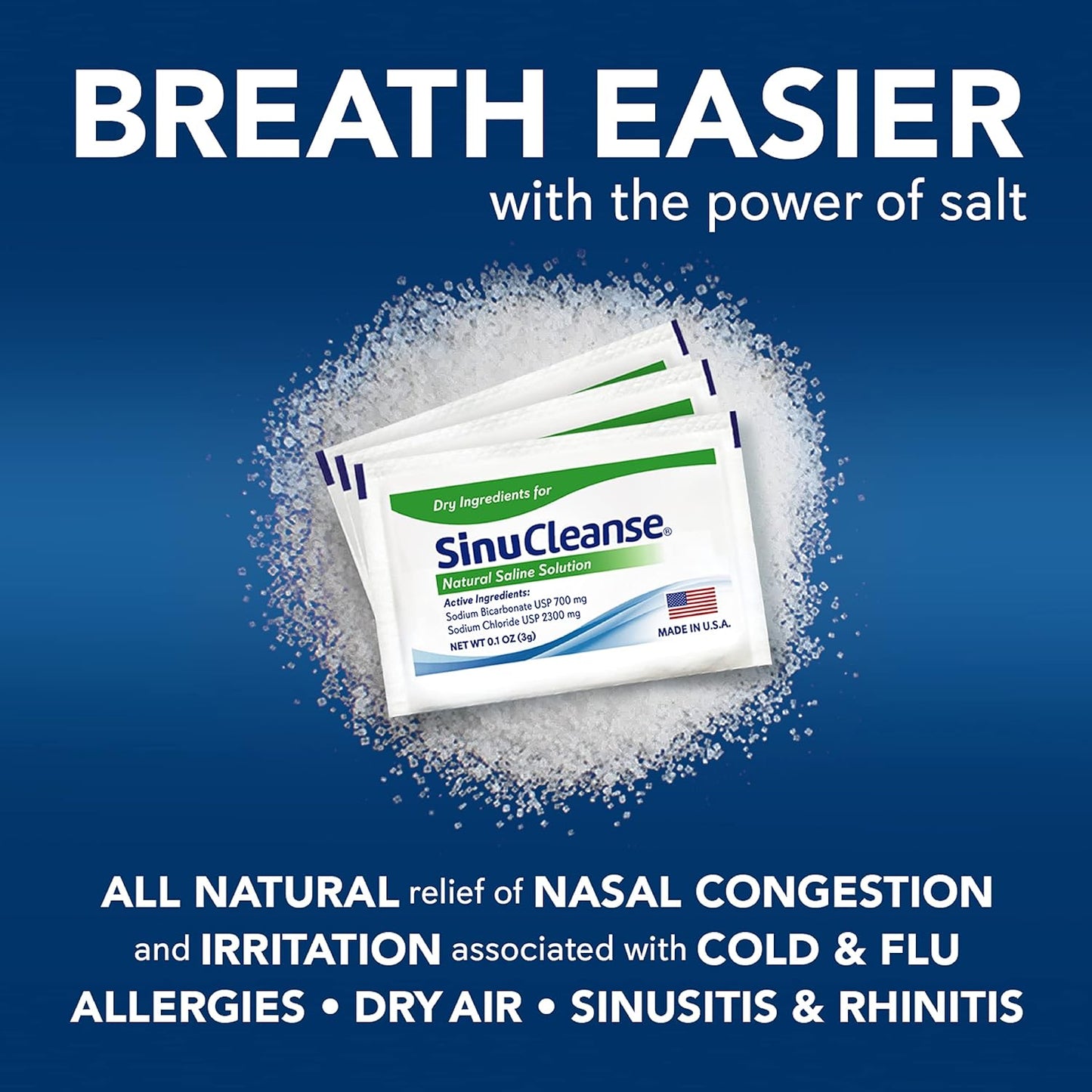 SinuCleanse Pre-Mixed Saline Packets for Nasal Wash Irrigation Systems, 100 Count-All-Natural, Pharmaceutical Grade, and PH Balanced