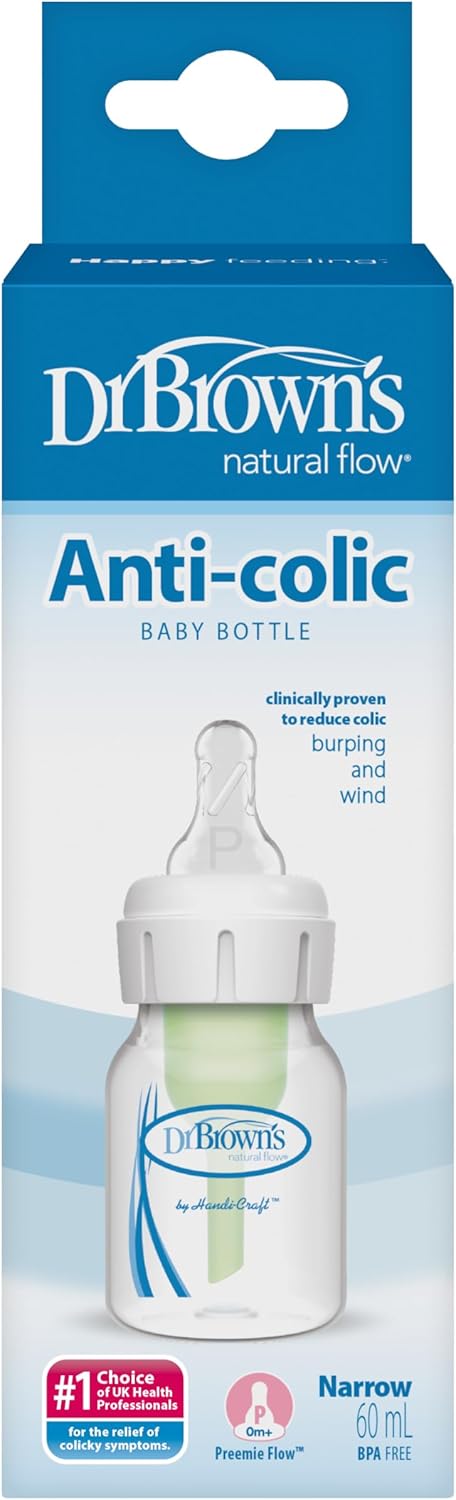 Dr. Brown’s Natural Flow Anti-Colic Narrow Baby Bottle, 2oz/60ml with Preemie Flow Teat, 1-Pack