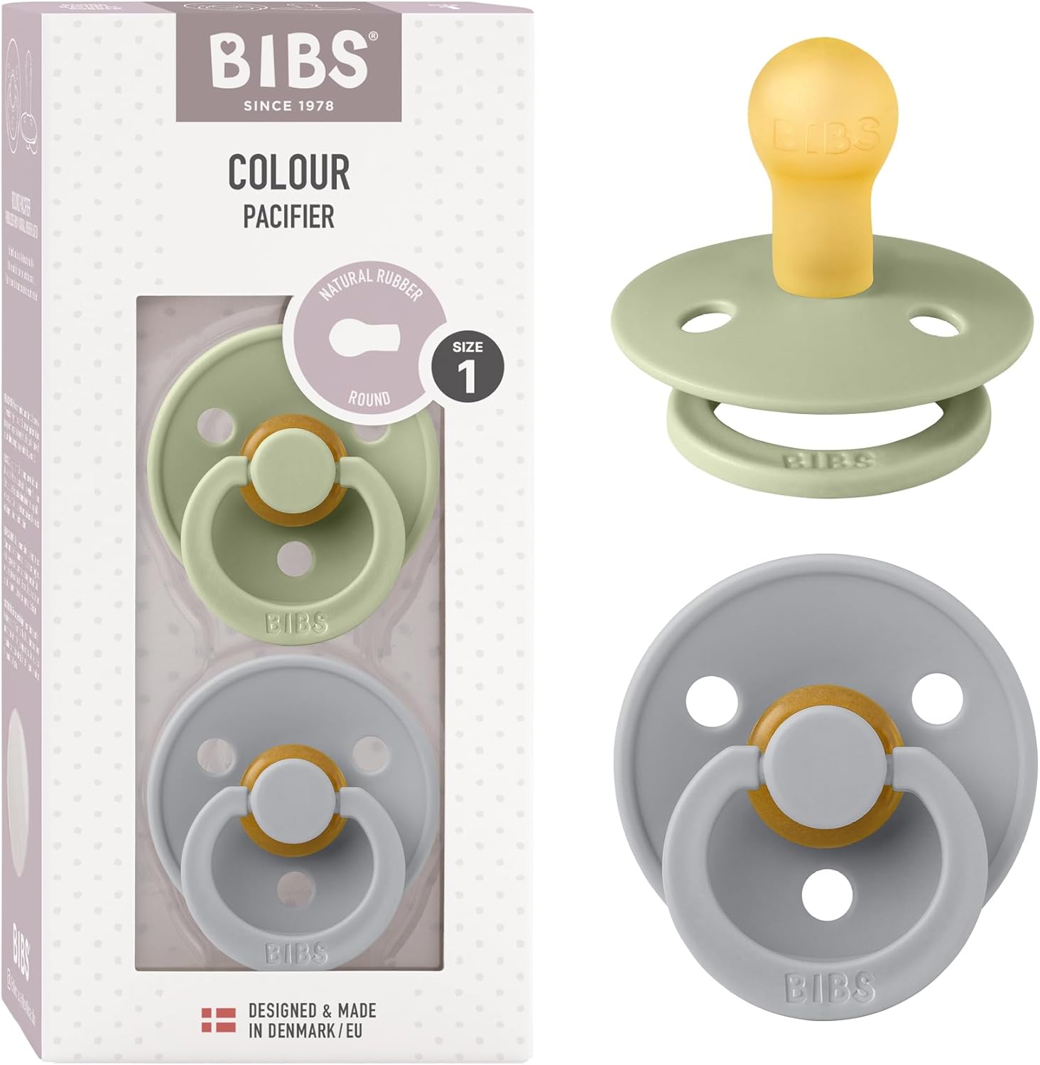 BIBS Baby Pacifiers, Size 1 (0-6 months old), Latex, Sage/ Cloud