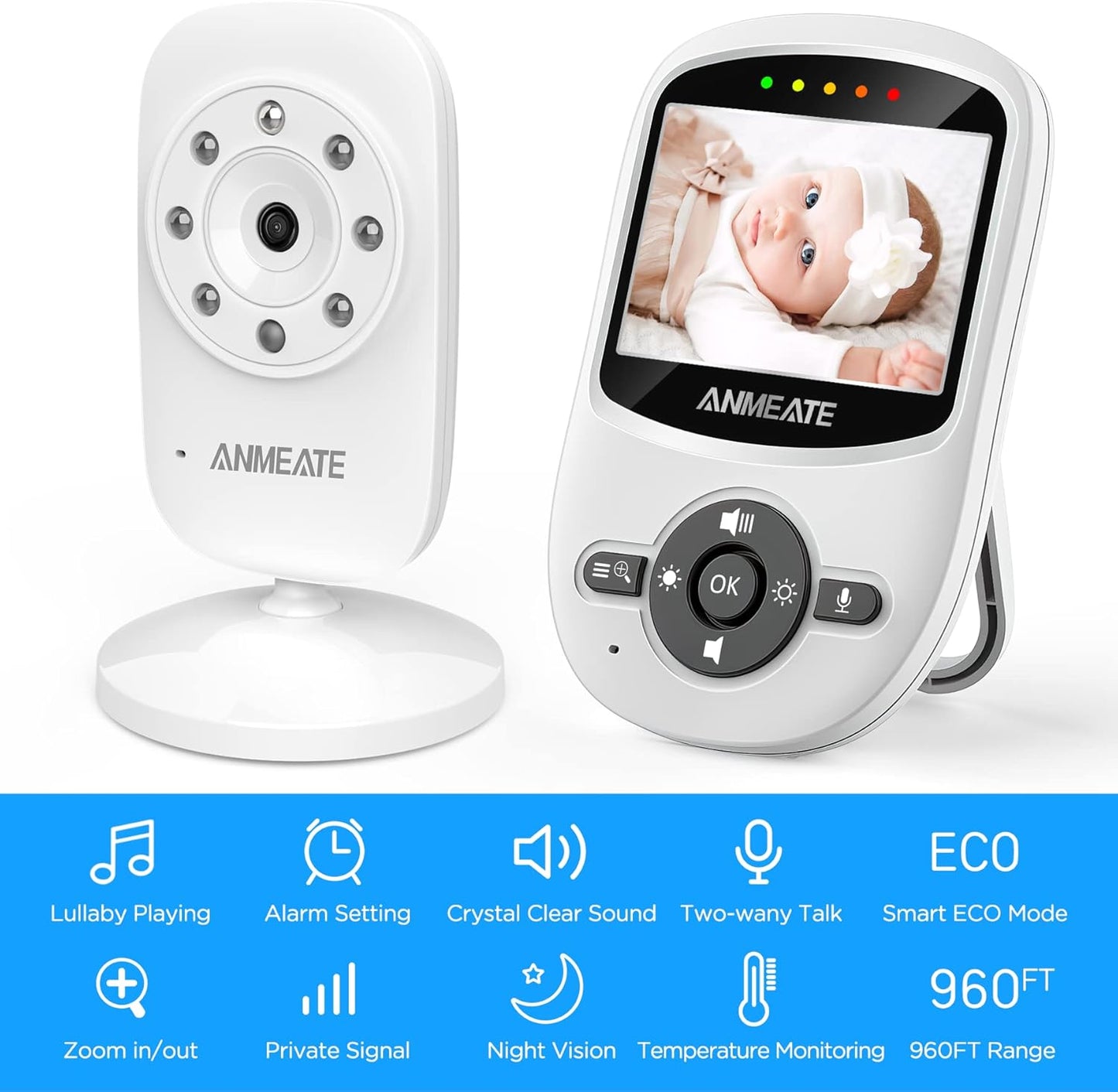 ANMEATE Video Baby Monitor with Digital Camera, Digital 2.4Ghz Wireless Video Monitor with Temperature Monitor, 960ft Transmission Range, 2-Way Talk, Night Vision, High Capacity Battery