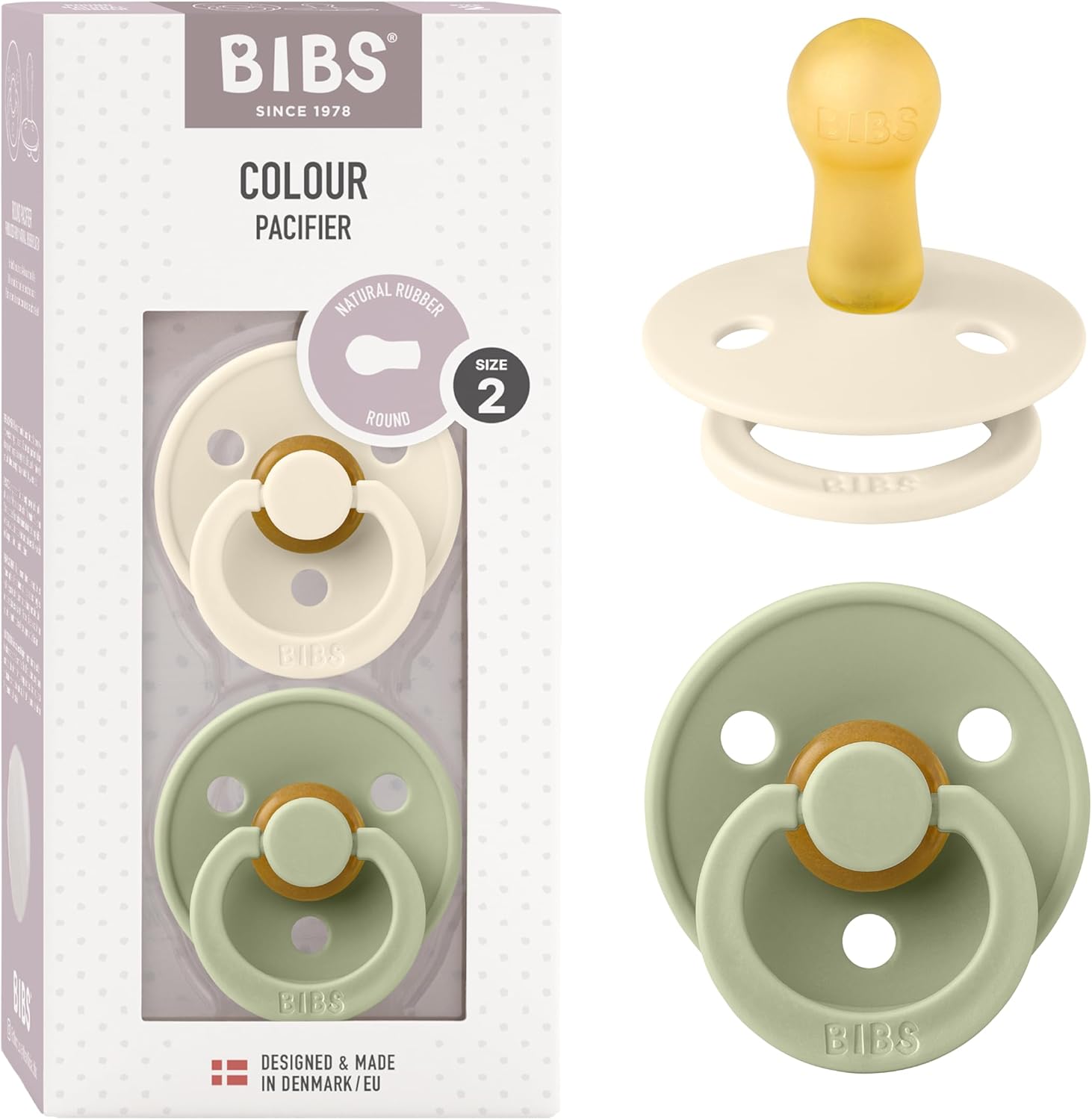 BIBS Baby Pacifiers, Size 2 (6-18 months old), Latex, Ivory/Sage