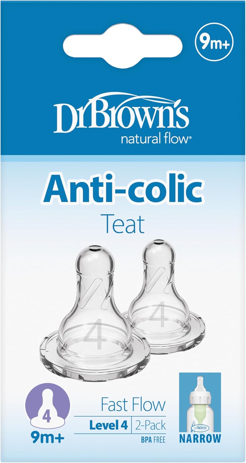 Dr Brown's Natural Flow Level 4 Narrow Nipple (Clear, 9 m) -Set of 2