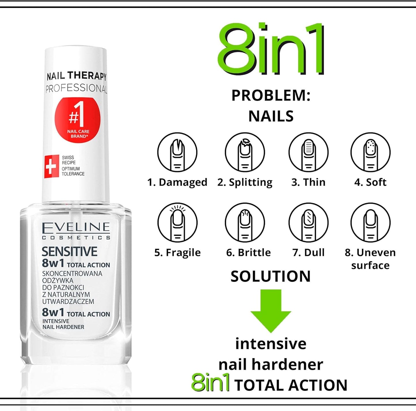 Eveline Cosmetics 8 in 1 Total Action, Sensitive, Nail Hardener, 12 ml