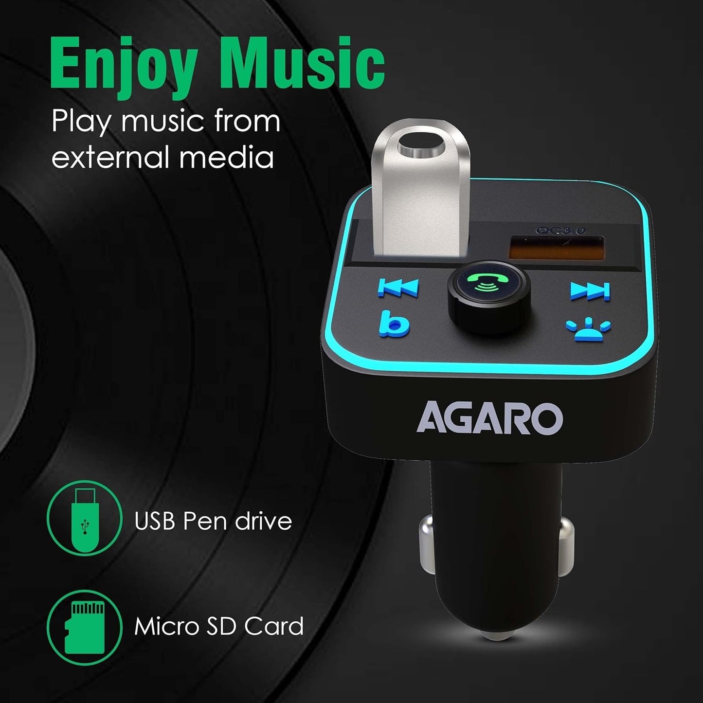 AGARO QC 3.0 + 2.4A, Bluetooth 5.0, FM Transmitter in-Car Radio, Hands-Free Calling, Music Streaming with Micro SD + Dual USB Ports