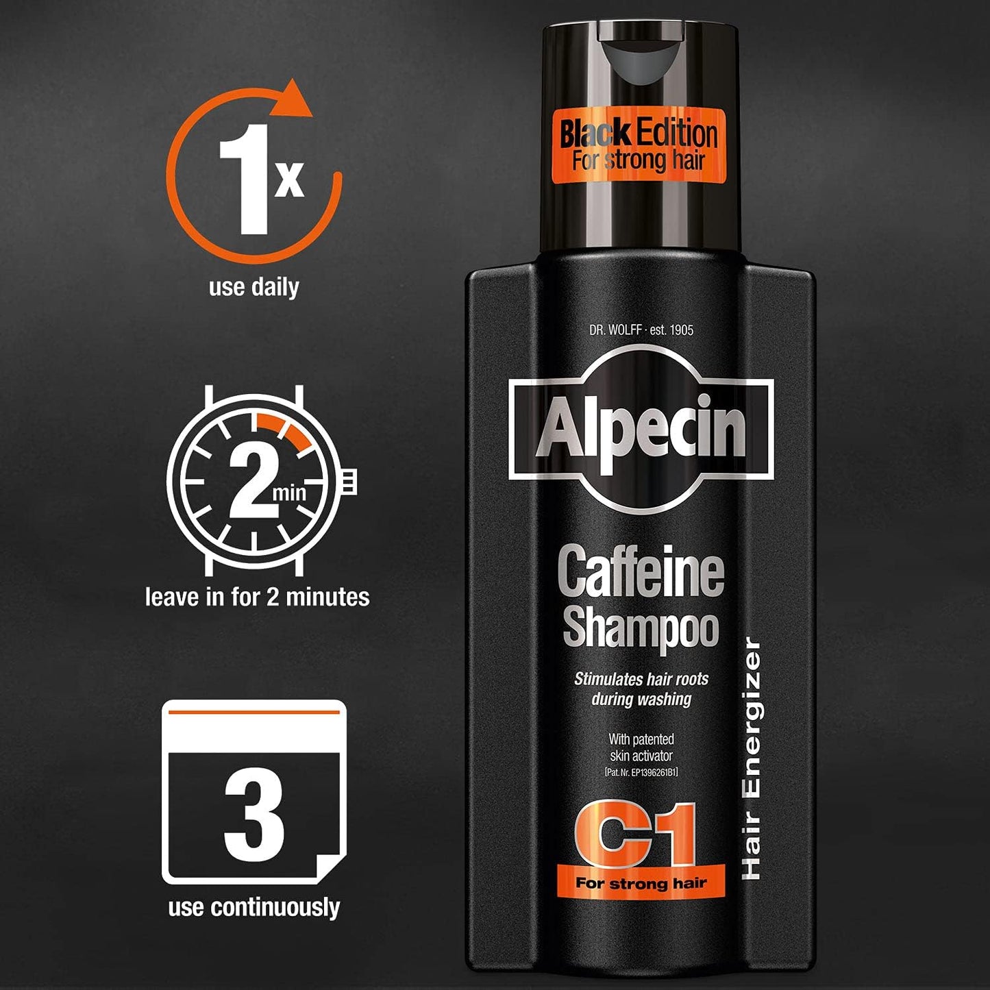 Alpecin Caffeine Shampoo C1 Black Edition, Men's Natural Hair Growth Shampoo, 250 ml