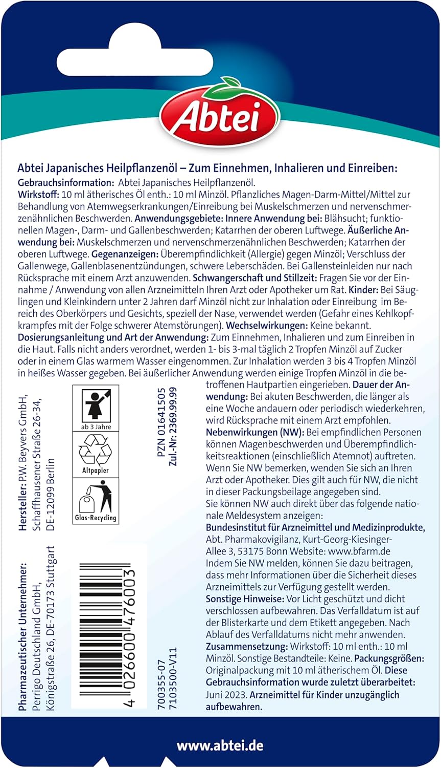 Abtei Japanese medicinal plant oil - 100% natural mint oil for ingestion, inhalation and rubbing - for colds, gastrointestinal disorders and muscle pain - 1 x 10 ml
