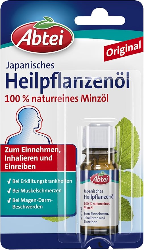 Abtei Japanese medicinal plant oil - 100% natural mint oil for ingestion, inhalation and rubbing - for colds, gastrointestinal disorders and muscle pain - 1 x 10 ml
