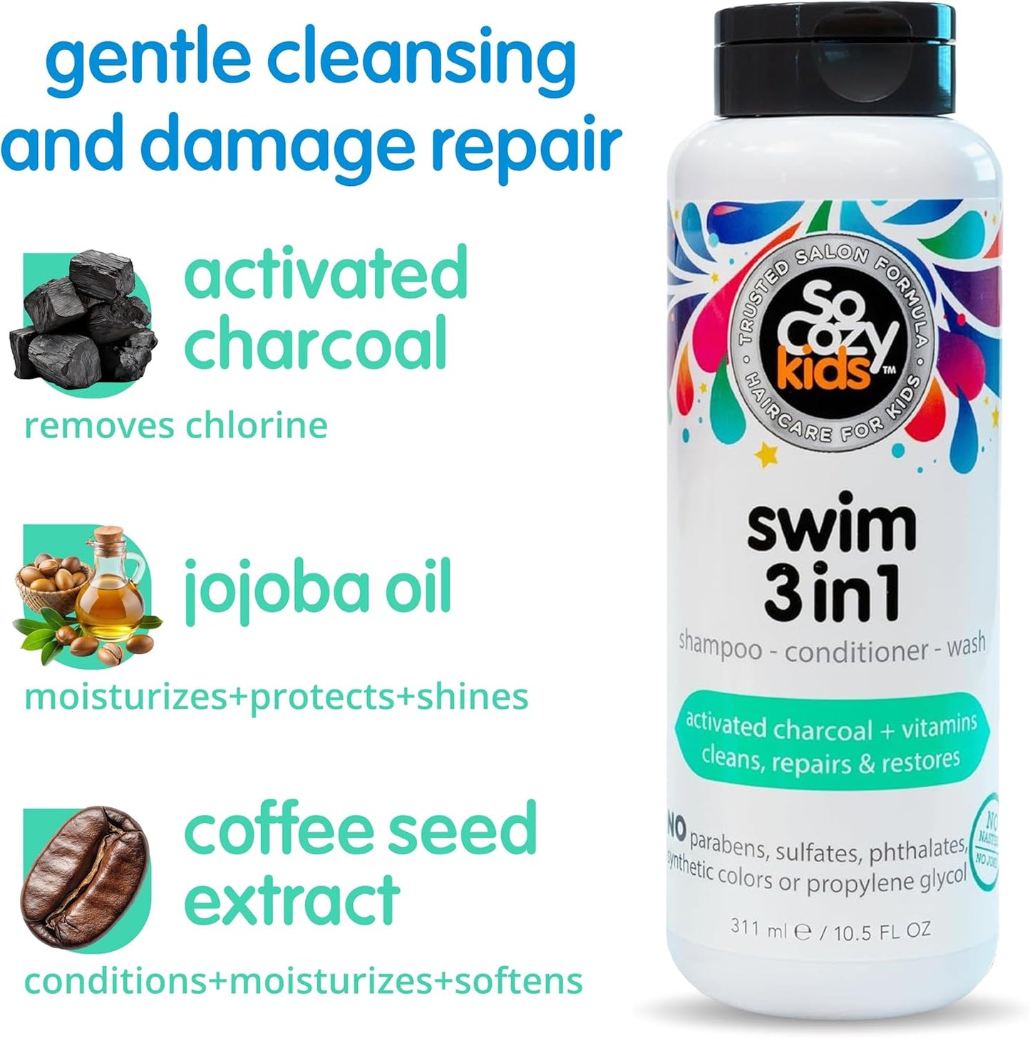 SO COZY Kids Swim 3-in-1 Shampoo, Conditioner & Body Wash - 3-in-1 Combo Pool Shampoo & Conditioner