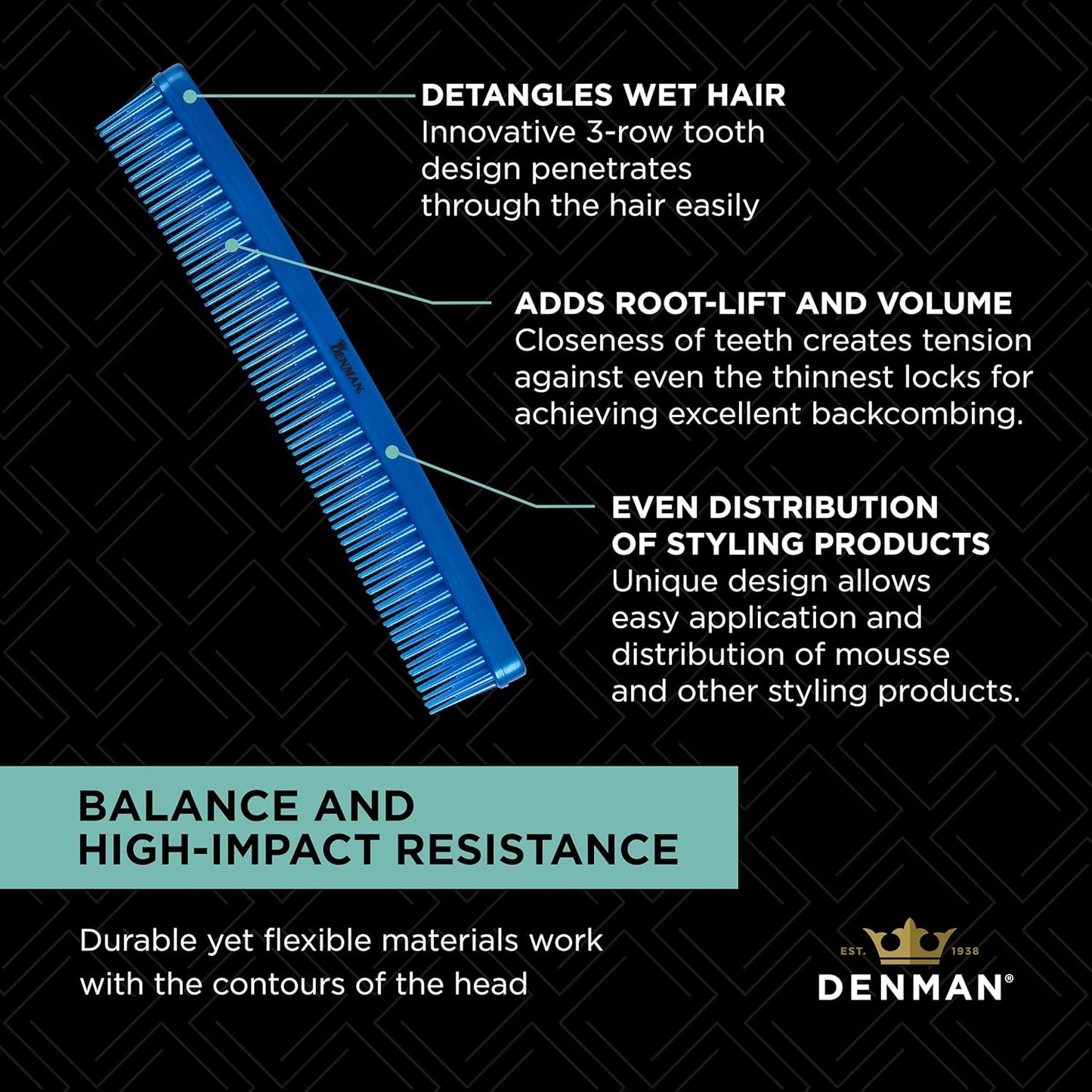 Denman D12 TAME & Tease Comb Blue