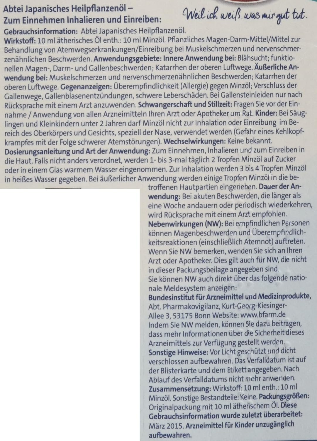 Abtei Japanese medicinal plant oil - 100% natural mint oil for ingestion, inhalation and rubbing - for colds, gastrointestinal disorders and muscle pain - 1 x 10 ml