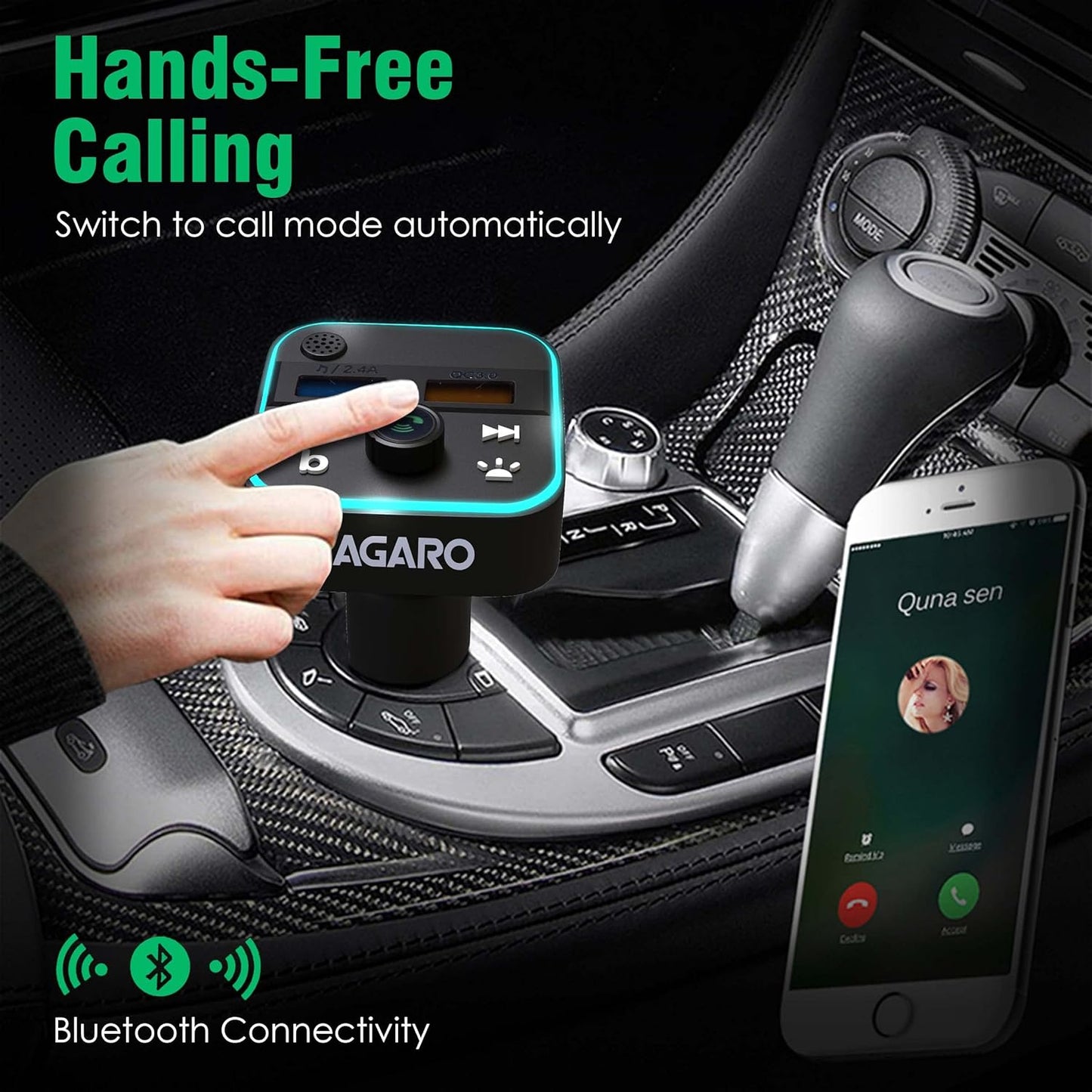 AGARO QC 3.0 + 2.4A, Bluetooth 5.0, FM Transmitter in-Car Radio, Hands-Free Calling, Music Streaming with Micro SD + Dual USB Ports