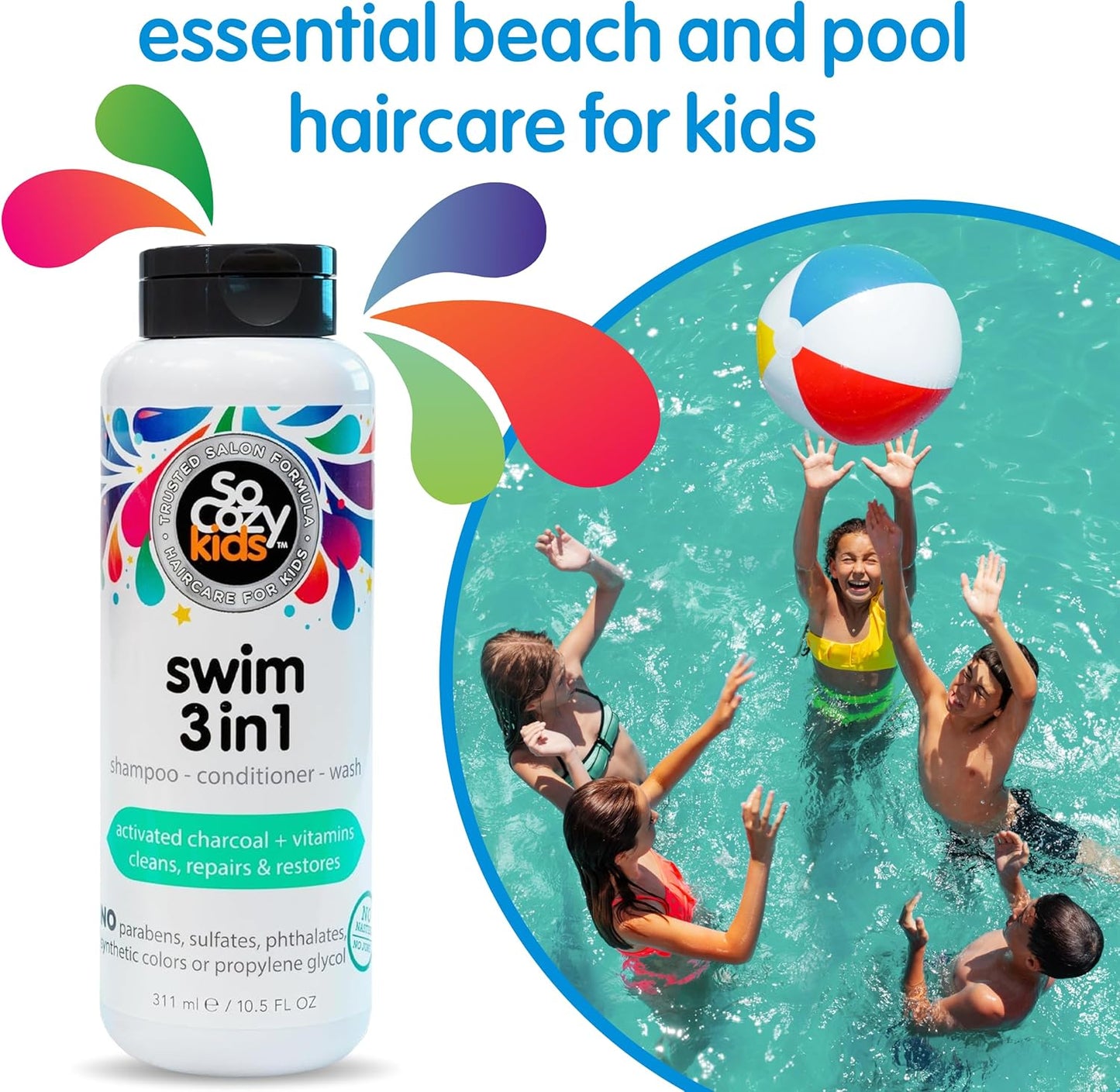 SO COZY Kids Swim 3-in-1 Shampoo, Conditioner & Body Wash - 3-in-1 Combo Pool Shampoo & Conditioner