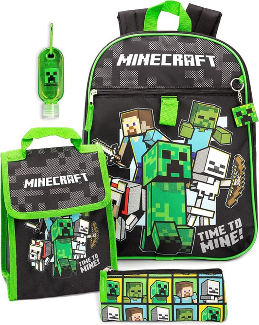 Minecraft Kids School Backpack and Lunch Box 5 Pieces One Size, Black, One Size, Black, One Size, Black, Taille unique