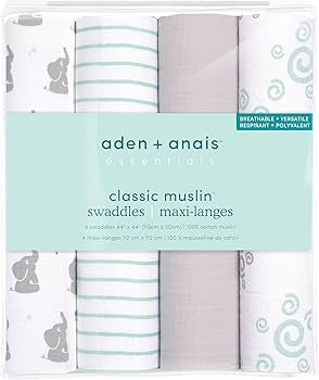 Aden + Anais Essentials 4-pack Muslin Swaddles, 112 x 112 cm, Gret/ Teal